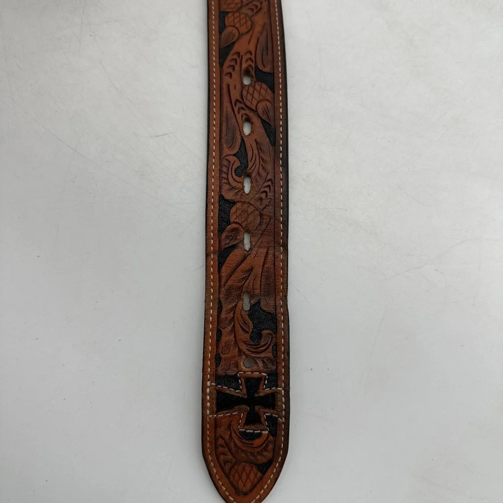 3D Genuine Hand Tooled Leather Cowhide Hair On Cross Western Belt Size 34